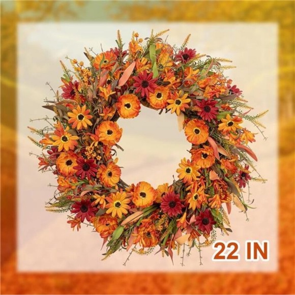 22" Artificial Orange Daisy Wreath with Wildflowers Berries for Indoor Outdoor - Picture 5 of 8